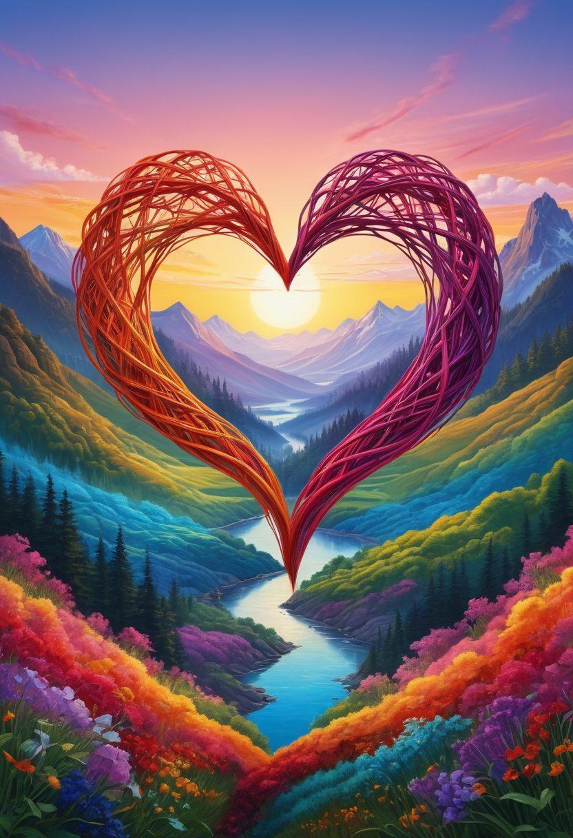 An intricate illustration of two intertwined hearts made of vibrant, colorful threads, symbolizing deep emotional connections, with a serene landscape in the background that represents the journey of relationships. Include subtle imagery of diverse individuals supporting each other, reflecting unity and understanding. The scene is bathed in warm, inviting light to evoke feelings of passion and harmony. super-realistic. vibrant colors. serene atmosphere.