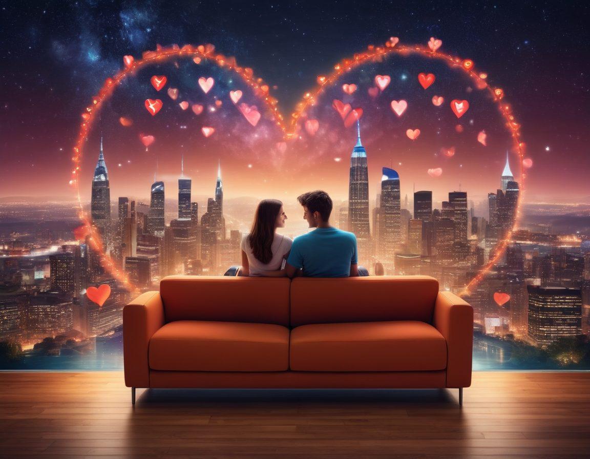 A couple sitting on a virtual couch, sharing an intimate moment while video calling, surrounded by floating icons of social media and digital hearts. A backdrop of a city skyline under a starry sky symbolizes the digital age. Warm colors convey a sense of love and connection. super-realistic. vibrant colors. 3D.