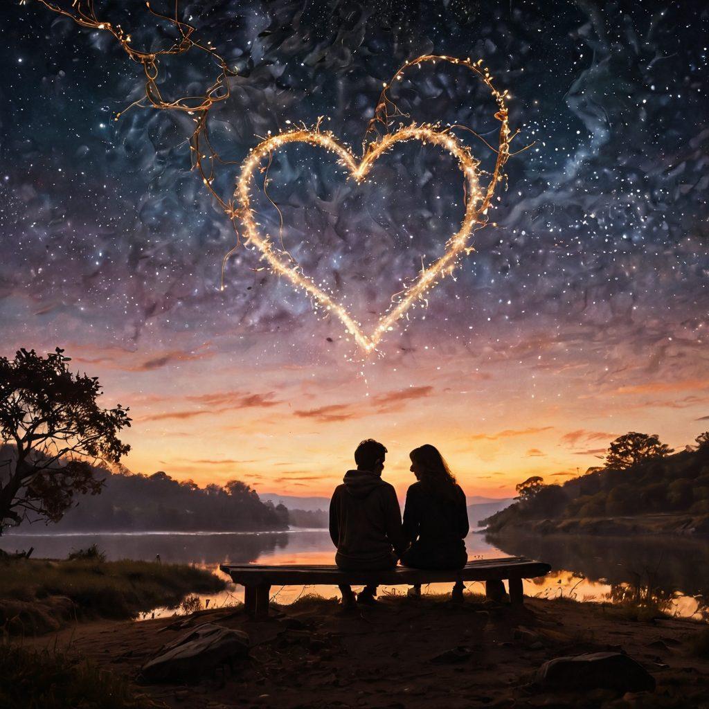 A cozy, intimate setting featuring two silhouetted figures sitting close together under a starlit sky, with a glowing heart motif symbolizing deep emotional ties. Surround the figures with delicate strings of light connecting them, representing meaningful interactions. Soft, warm colors emanate from the heart, creating a comforting ambiance. ethereal art, soft focus, warm tones.